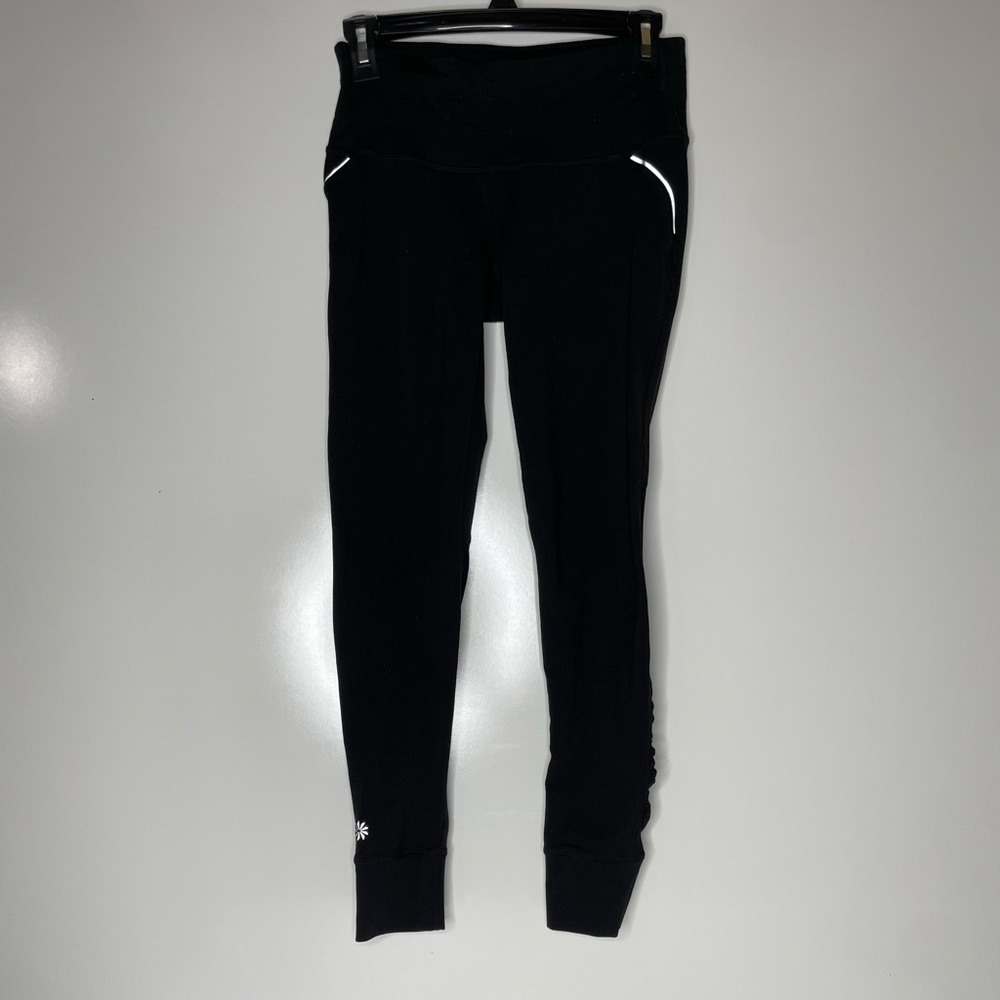 Athleta Relay Tight Size XS Black Mesh Ruched Legs Reflective.